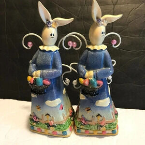 Vintage Easter Bunnies with eggs baskets decorative 2 pieces lot